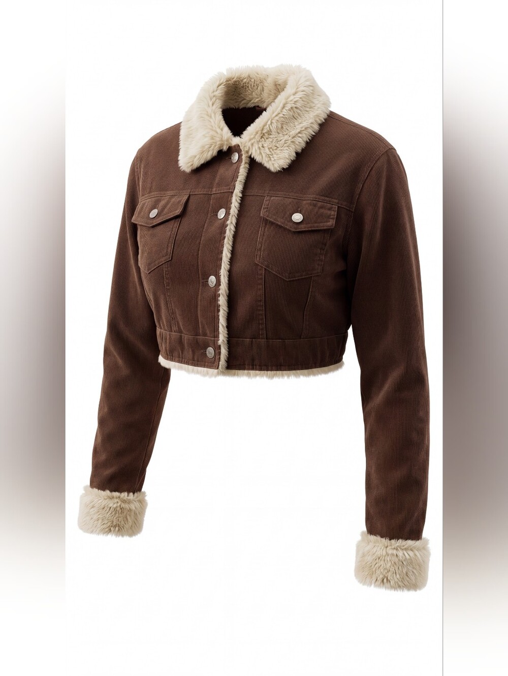 Cropped Brown Teddy-Trim Jacket with Cream Sherpa Collar